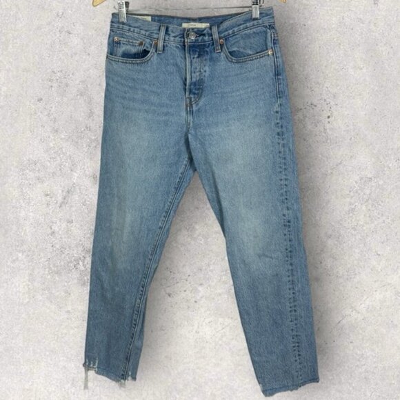 Revolve Levis Wedgie Raw Hem Button Fly High Rise Denim Shut Up Blue Size 28 - Picture 15 of 15